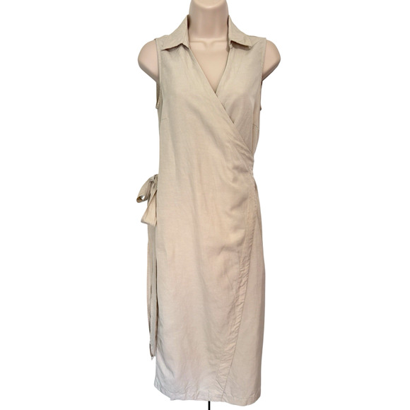 J. Mclaughlin Cerise Wrap Midi Dress Light Tan Linen Tencel Cotton Blend Sz XS-S - Picture 1 of 12